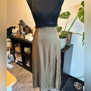 Anthropologie Black Lace & Olive Green Satin Low Back Chemise Size 4